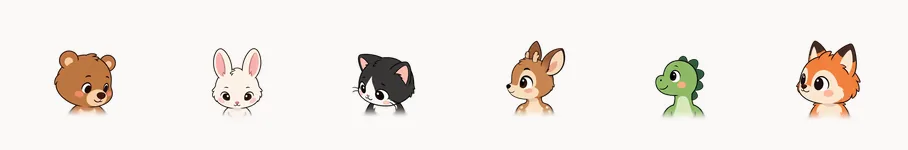 Six page-mascot characters in a row: bear, bunny, cat, deer, dino and fox